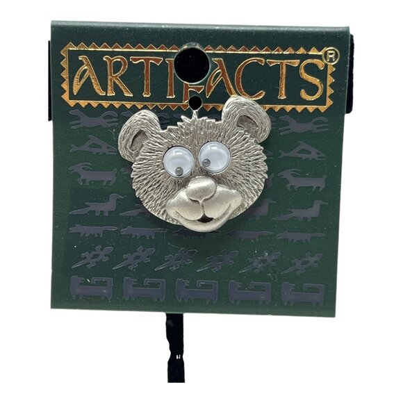 JJ Artifacts Jewelry - JJ Artifacts Bear Face Googly Eyes Pin Brooch Lapel Hat Pin Silver Tone 1986 Vtg